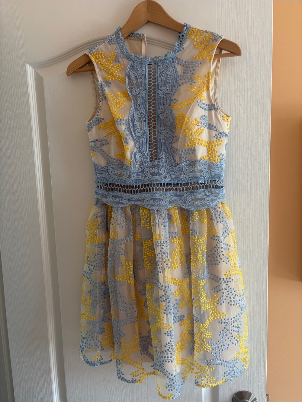 Aqua Blue and Yellow Lace Fit-and-Flare Dress